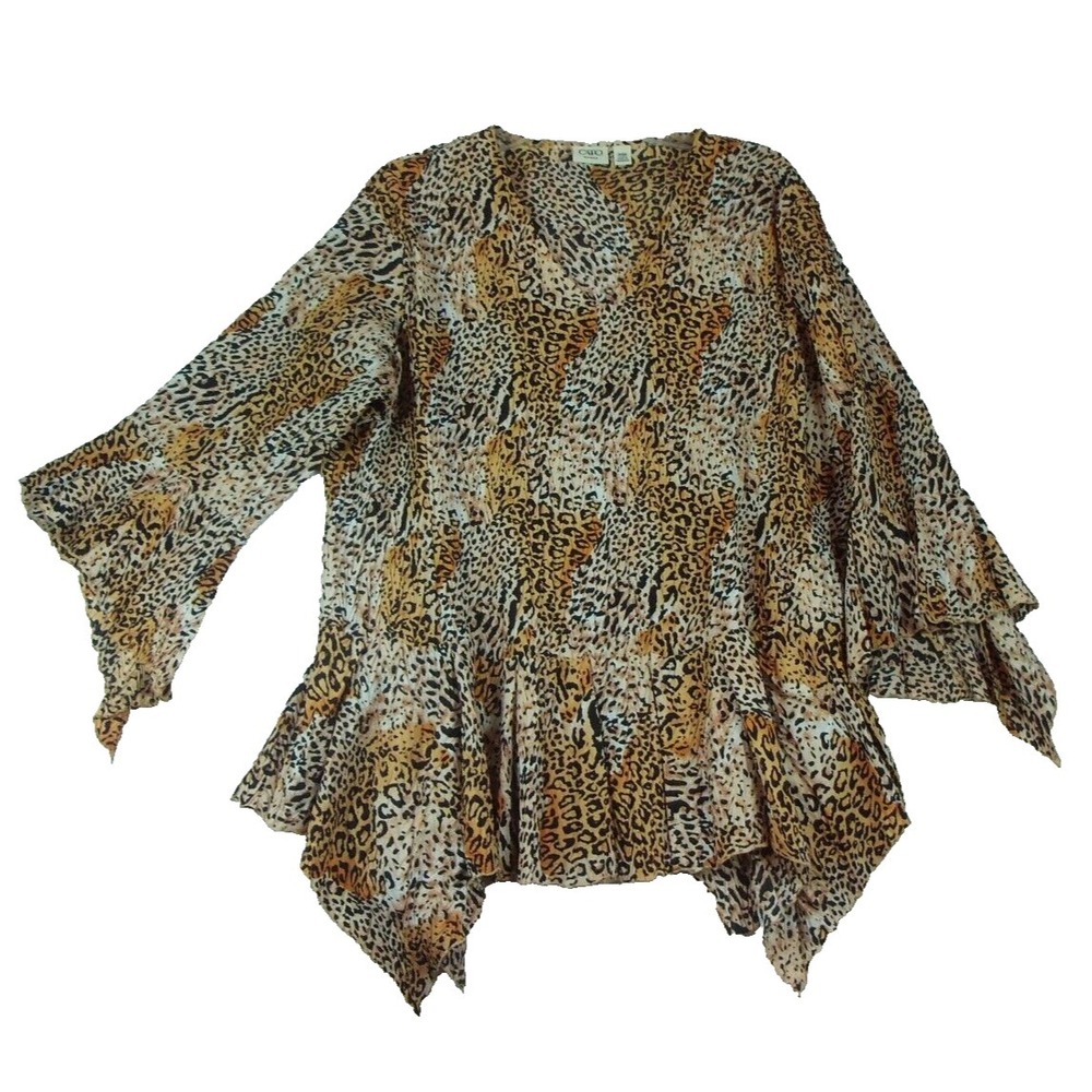 Cato Woman Leopard Print Crinkle Blouse V-Neck Bell Sleeve Sharkbite Hem‎ 14/16W
